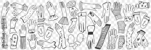 Gloves and mittens doodle set. Collection of hand drawn different casual winter warm gloves and moyyens for wearing outdoors isolated on transparent background. Illustration of knitted fur clothes 