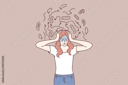 Mental chaos, frustration, anxiety concept. Frustrated woman cartoon character touching head and feeling anxiety, stress and disorder in thoughts and having brain problems illustration