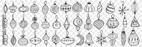 Glass toys and balls doodle set. Collection of hand drawn decorative toys and balls for Christmas tree decoration isolated on transparent background. Illustration of glass decorations with hangers