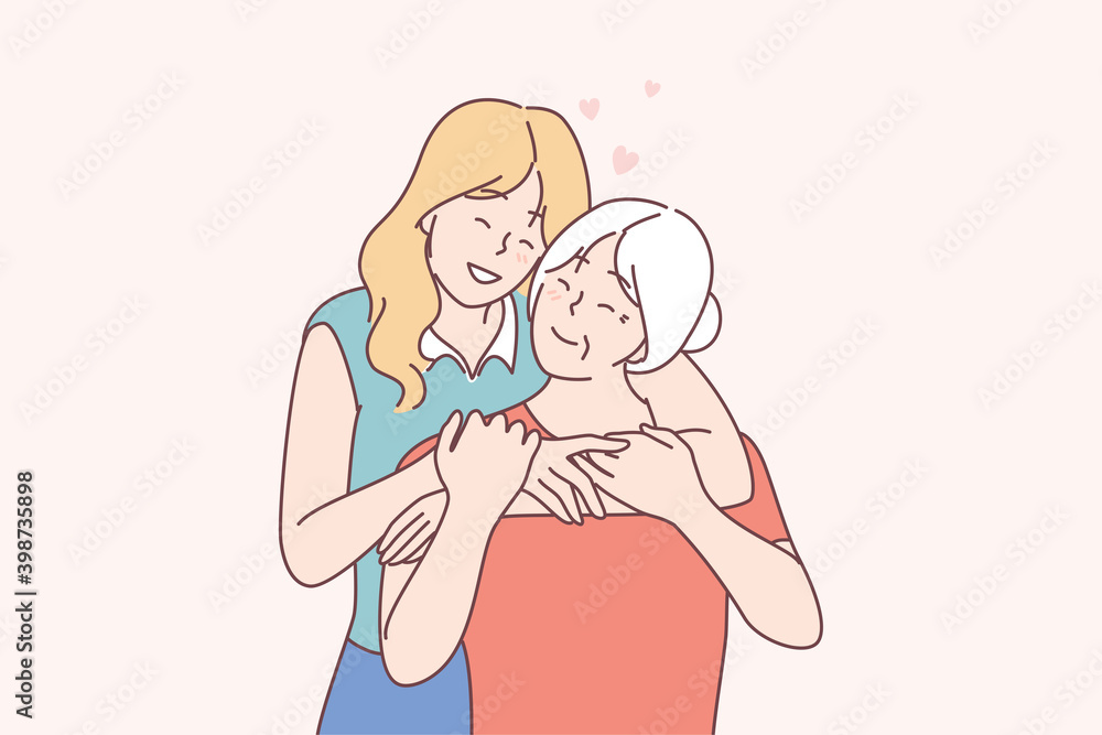 Love, relationship and happy parenthood lifestyle concept. Happy young girl granddaughter cartoon character standing and embracing smiling mother or grandmother. Family people spending time together Love, relationship and happy parenthood lifestyle concept. Happy young girl granddaughter cartoon character standing and embracing smiling mother or grandmother. Family people spending time together
