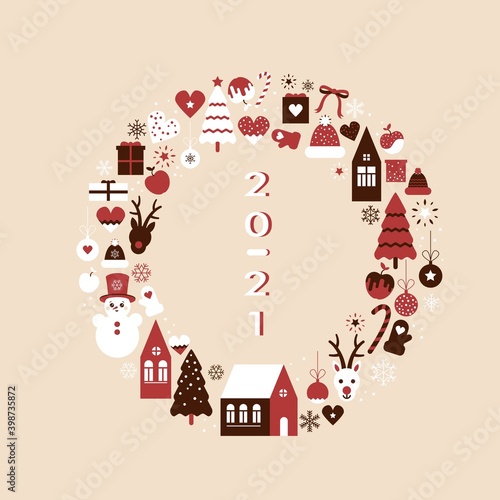 Christmass set in white, red, brown colors on pink background. Christmas attributes of the holiday, winter magic mood. Stock vector illustration in minimalism flat style for web and print.