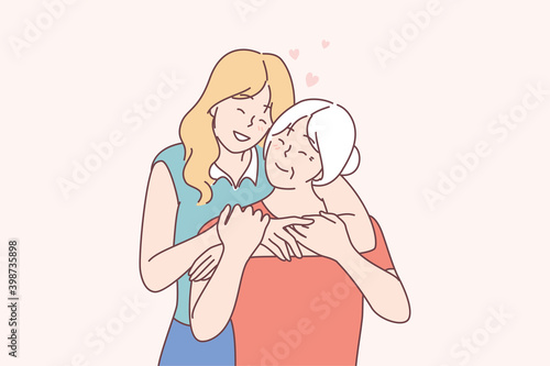 Love, relationship and happy parenthood lifestyle concept. Happy young girl granddaughter cartoon character standing and embracing smiling mother or grandmother. Family people spending time together
