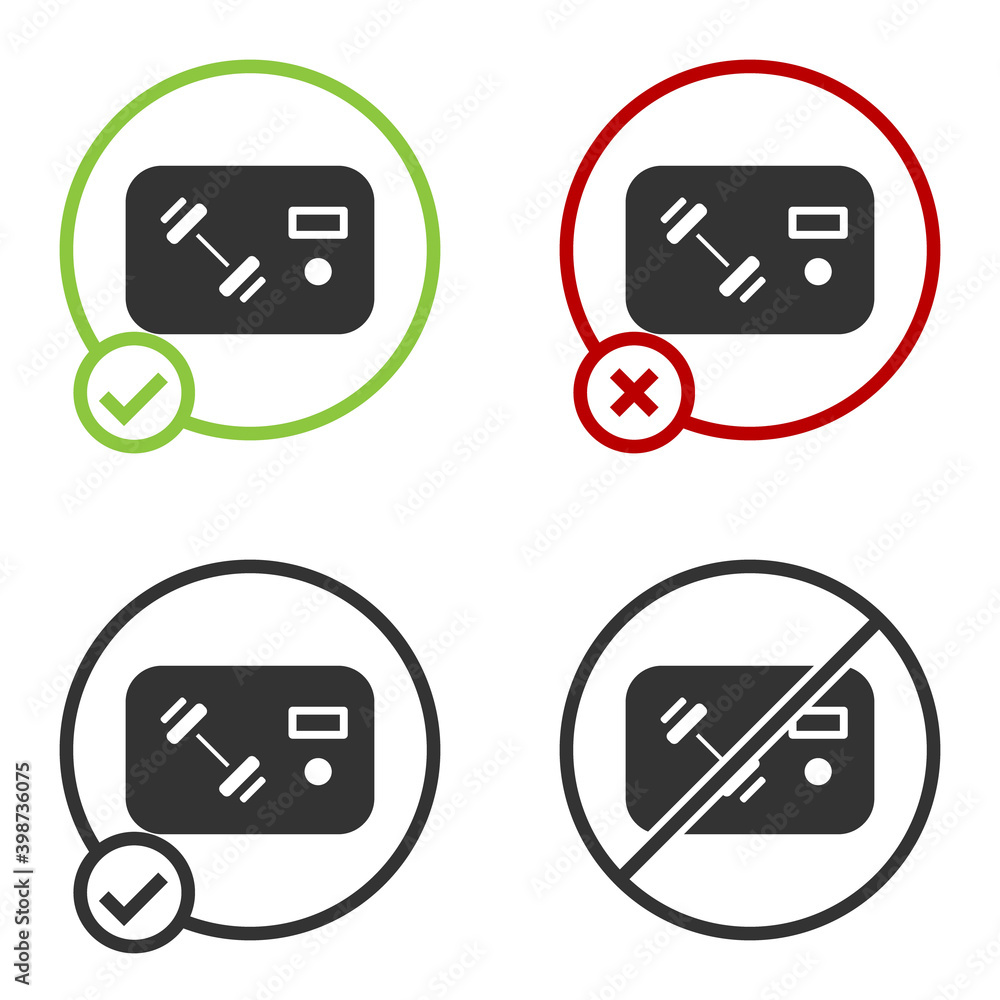 Black Fitness club, gym card icon isolated on white background. Circle button. Vector. Black Fitness club, gym card icon isolated on white background. Circle button. Vector.