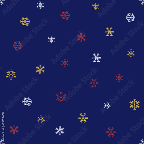 Christmas festive red, white and yellow snowflake ornamen on dark blue background. Winter mood, doodle illustration for web, print, background, wallpaper, wrapping paper, textile 