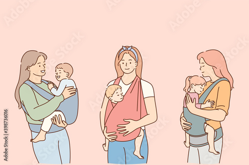 Mothers carrying their kids in slings lifestyle concept. Positive young women mothers carrying their reborn children in cotton sling, babies feeling love and protection from mother vector illustration
