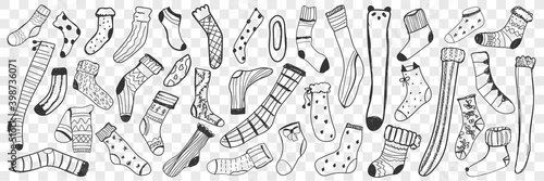 Socks doodle set. Collection of hand drawn different long and short socks and knee-highs for casual wearing isolated on transparent background. Illustration of cotton textile fabric clothes 