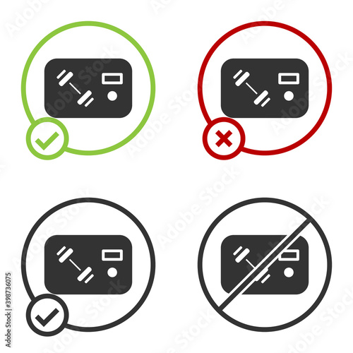 Black Fitness club, gym card icon isolated on white background. Circle button. Vector.