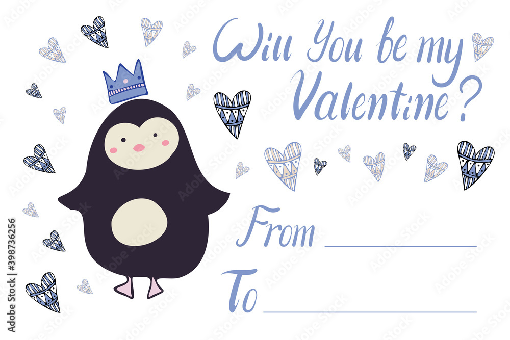 Isolated colorful illustration of cute penguin with crown will you be my Valentine card with hearts Isolated colorful illustration of cute penguin with crown will you be my Valentine card with hearts