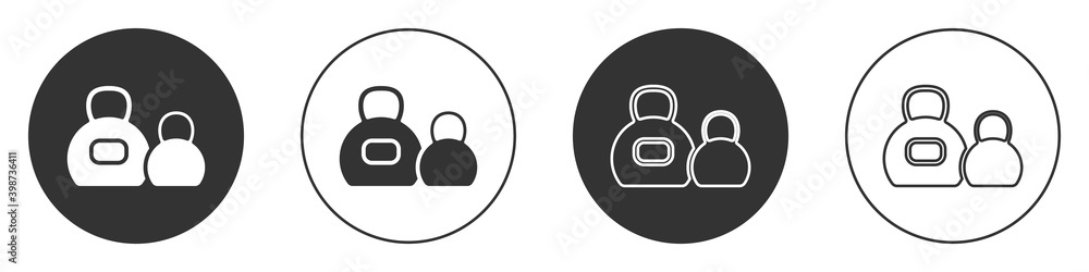 Black Kettlebell icon isolated on white background. Sport equipment. Circle button. Vector. Black Kettlebell icon isolated on white background. Sport equipment. Circle button. Vector.
