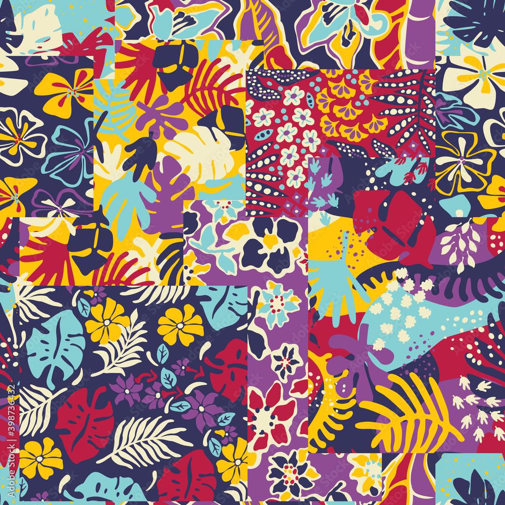 Cute tropical plants flower and leaves wallpaper abstract colorful floral patchwork vector seamless pattern - obrazy, fototapety, plakaty 