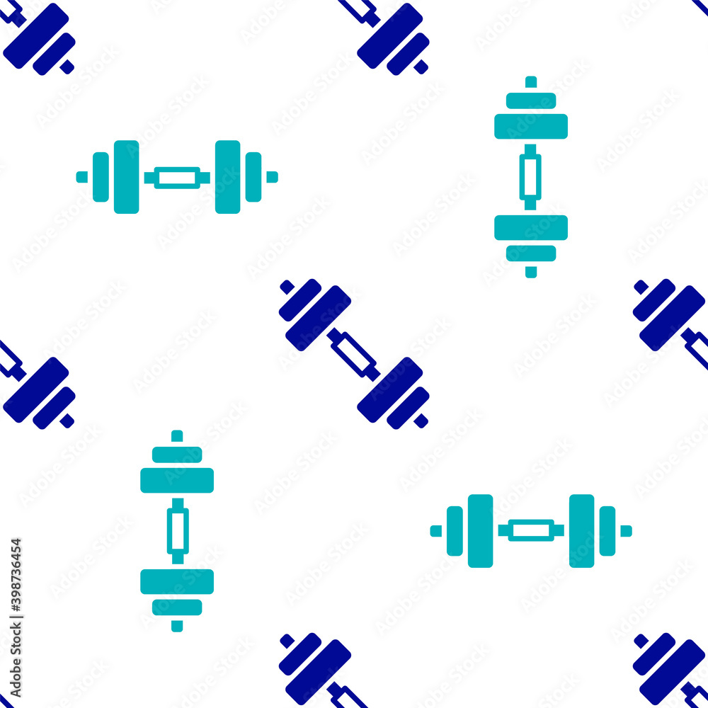 Blue Dumbbell icon isolated seamless pattern on white background. Muscle lifting icon, fitness barbell, gym, sports equipment, exercise bumbbell. Vector. Blue Dumbbell icon isolated seamless pattern on white background. Muscle lifting icon, fitness barbell, gym, sports equipment, exercise bumbbell. Vector.