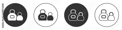 Black Kettlebell icon isolated on white background. Sport equipment. Circle button. Vector.