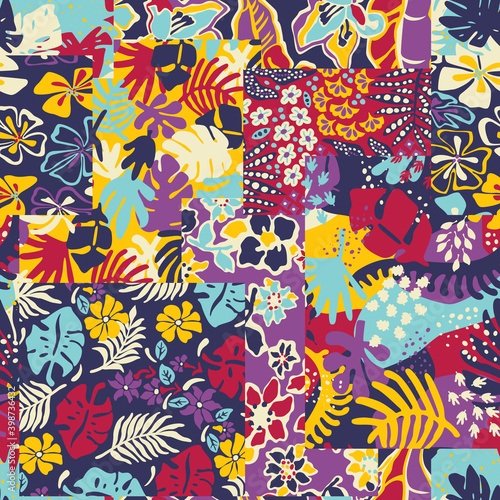 Cute tropical plants flower and leaves wallpaper abstract colorful floral patchwork vector seamless pattern