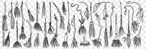 Brooms doodle set. Collection of funny hand drawn various brooms for homework and cleaning isolated on transparent background. Illustration of household and handmade tools for fighting with dust 