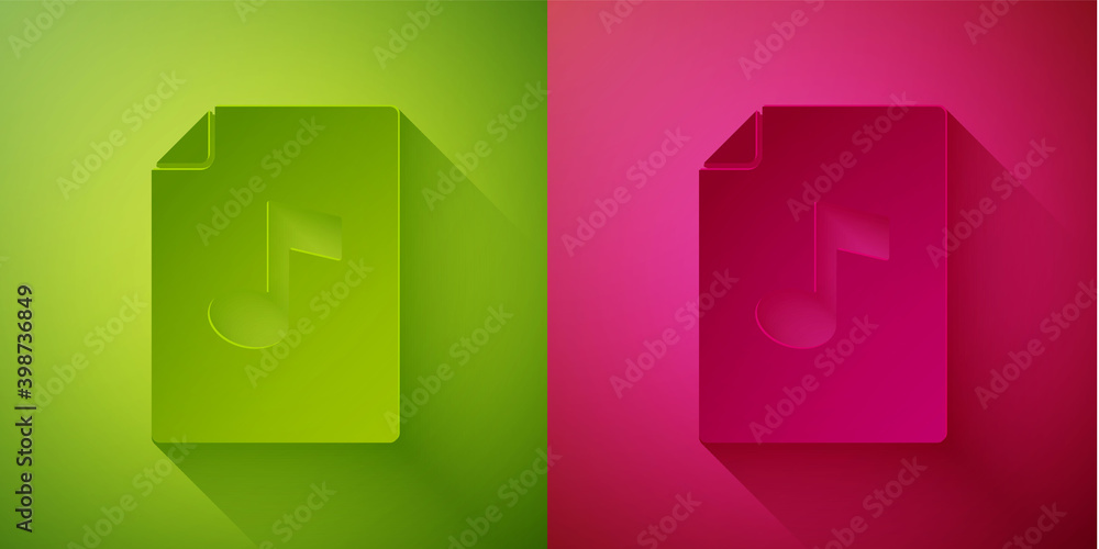 Paper cut Music book with note icon isolated on green and pink background. Music sheet with note stave. Notebook for musical notes. Paper art style. Vector. Paper cut Music book with note icon isolated on green and pink background. Music sheet with note stave. Notebook for musical notes. Paper art style. Vector.