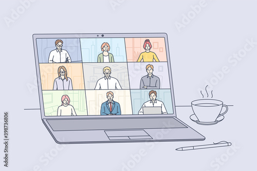 Online meeting, Virtual conference and video call concept. Laptop screen with people partners meeting members taking part in online business meeting and distant negotiations vector illustration 