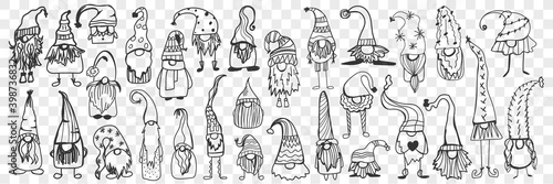 Cap for gnome doodle set. Collection of funny hand drawn cute gnomes elf wearing caps covering eyes and face isolated on transparent background. Illustration of scandinavian traditional characters hat photo