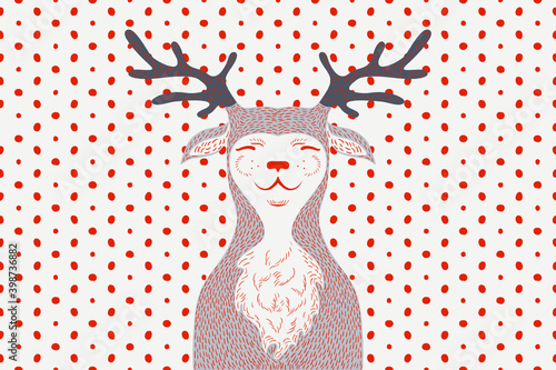 Cute deer and red dots background. Animal vector illustration.