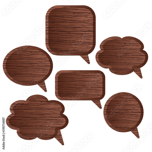 Wood speech bubbles set. Rural icon, sign cloud.
