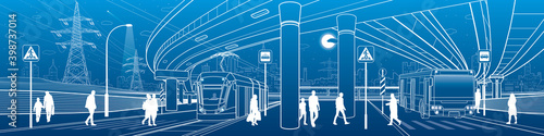 Town scene. Automobile bridge, overpass. Passengers get off the bus and tram. Night city on background. City transport. Power line. Outline vector infrastructure illustration. White outline sketch.