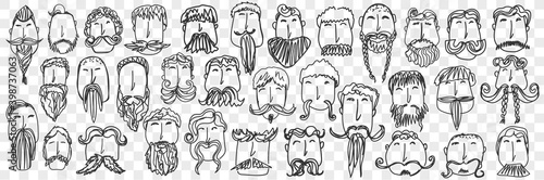 Beard and mustache doodle set. Collection of funny hand drawn male head with different style of beards and moustache isolated on transparent background. Illustration of brutal men facial hairstyle 