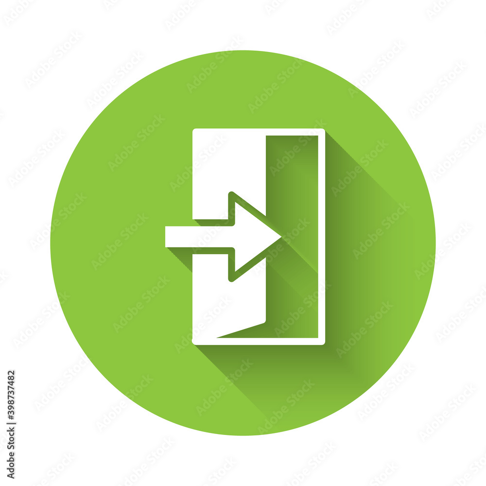 White Fire exit icon isolated with long shadow. Fire emergency icon. Green circle button. Vector. White Fire exit icon isolated with long shadow. Fire emergency icon. Green circle button. Vector.