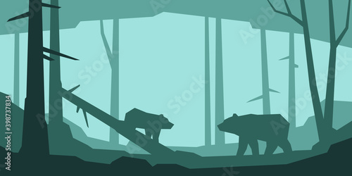 Low poly silhouette landscape with bear and little one. In forest. Vector illustration
