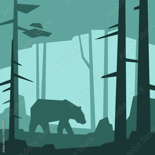 Low poly silhouette landscape with bear. In forest. Vector illustration