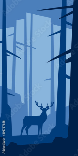 Low poly silhouette landscape with deer. In forest. Vector illustration © Voidentir