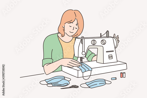 Seamstress and COVID-19 pandemic concept. Happy young woman tailor cartoon character sitting and sewing with machine protective medical face mask for preventing virus infection for people 