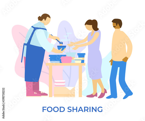 Vector illustration of a volunteer pouring the soup to needy people. Food donation process. Sharing economy concept.