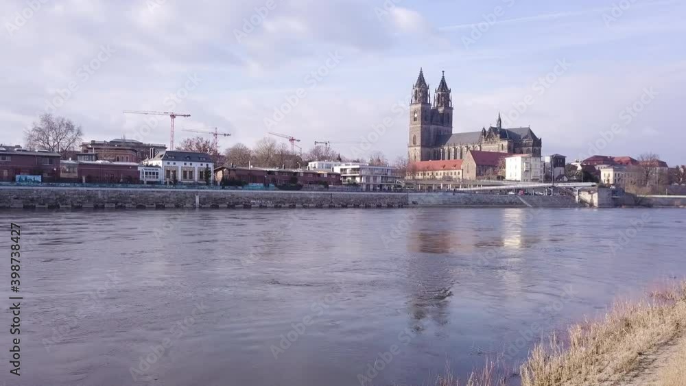 4K RIVERSIDE OF THE ELBE IN MAGDEBURG WITH DOME, GERMANY 4K RIVERSIDE OF THE ELBE IN MAGDEBURG WITH DOME, GERMANY