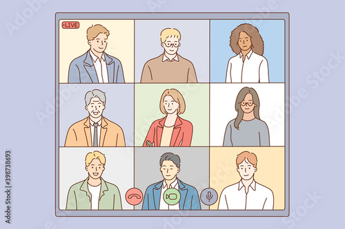 Online conference, live streaming of multiethnic group concept. Group of people business parters having distant online meeting conference on laptop screen during videocall together illustration