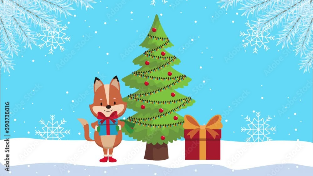 happy merry christmas animation with fox and gift in pine tree happy merry christmas animation with fox and gift in pine tree