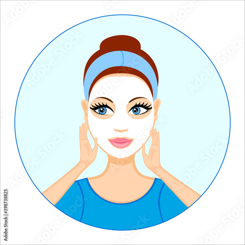 Young woman applying facial mask. Girl taking care of her face. Lady wearing headband. Cosmetic procedure for skin beauty. Moisturizing treatment. Anti-aging serum. Sheet mask. Cloth mask