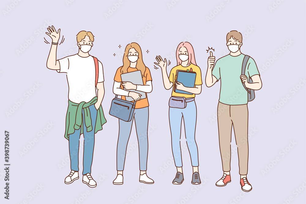 Individual protection from COVID-19 pandemic concept. Group of Students in medical masks standing together, wearing face protective mask against coronavirus infection vector illustration Individual protection from COVID-19 pandemic concept. Group of Students in medical masks standing together, wearing face protective mask against coronavirus infection vector illustration
