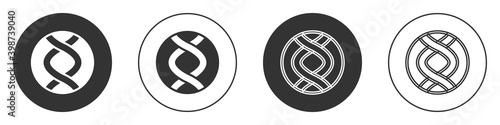 Black DNA symbol icon isolated on white background. Genetic engineering, genetics testing, cloning, paternity testing. Circle button. Vector.