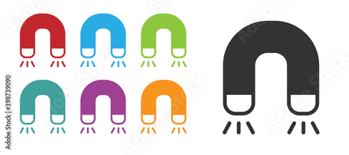 Black Magnet icon isolated on white background. Horseshoe magnet, magnetism, magnetize, attraction. Set icons colorful. Vector.