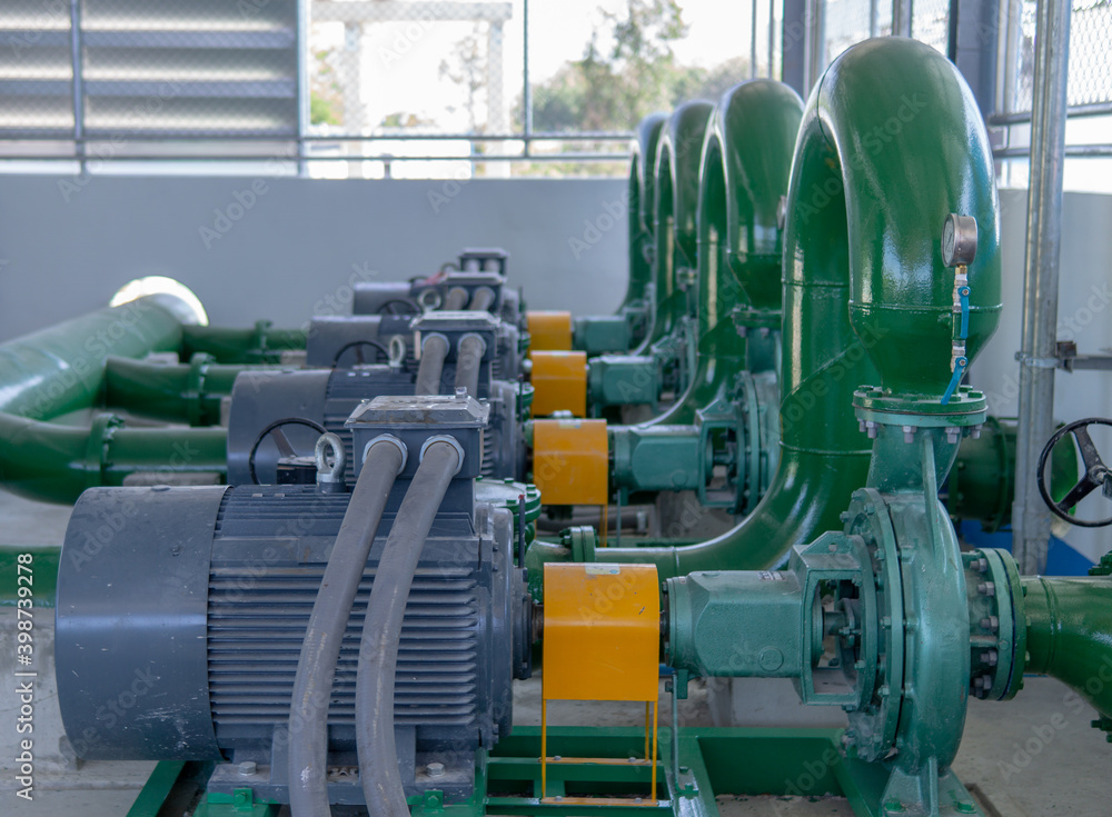 Electric motors driving centrifugal pumps of water system. Electric motors driving centrifugal pumps of water system.