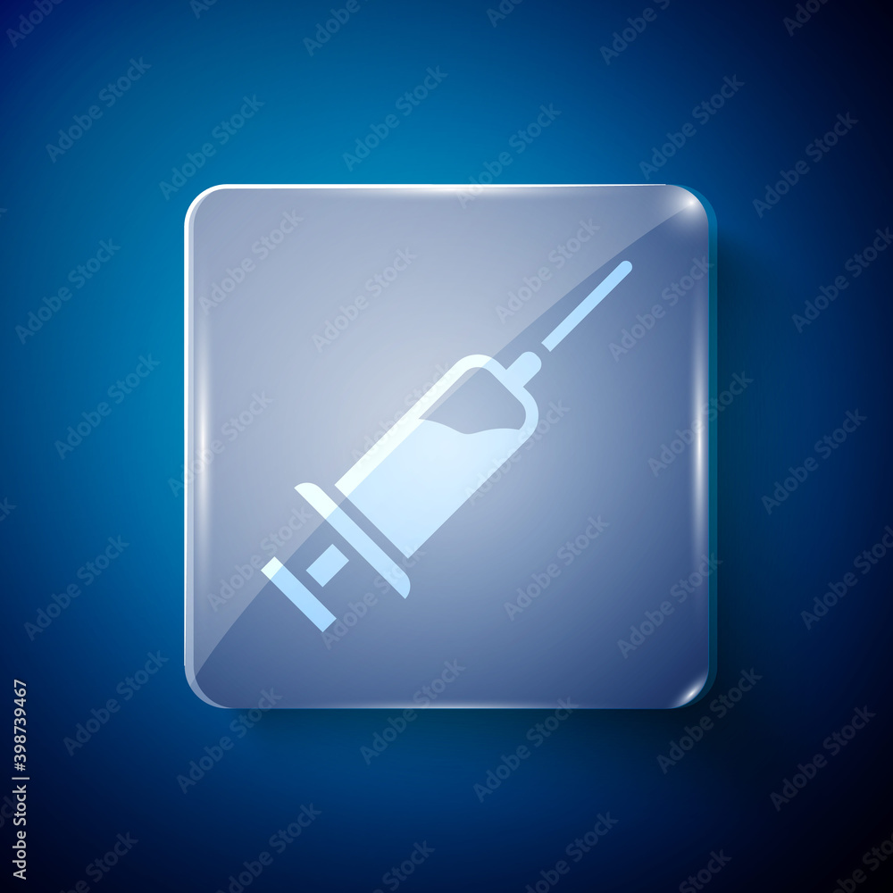 White Syringe with serum icon isolated on blue background. Syringe for vaccine, vaccination, injection, flu shot. Medical equipment. Square glass panels. Vector. White Syringe with serum icon isolated on blue background. Syringe for vaccine, vaccination, injection, flu shot. Medical equipment. Square glass panels. Vector.
