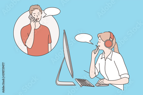 Customer care, clients assistance, hotline operator concept. Young smiling woman with headset sitting at computer and talking with man client online during work illustration over blur background