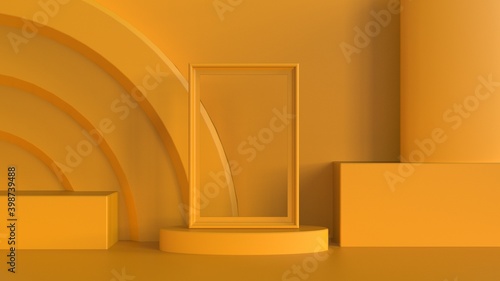 Yellow picture frame mockup on ellipse stage with cube cylindre and oval podium on shiny yellow background 3d rendering illustration
