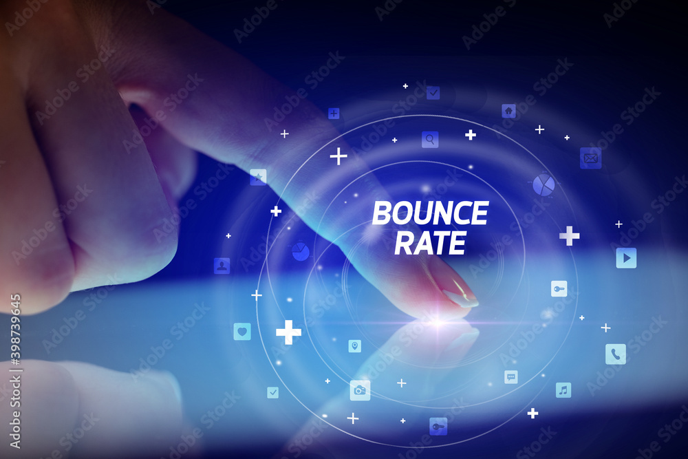 Finger touching tablet with social media icons and BOUNCE RATE