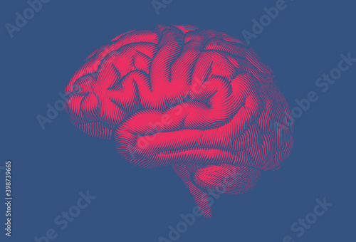 Red woodcut drawing brain isolated on blue BG