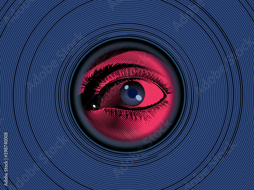 Vintage drawing human eye look through peephole on blue circle BG