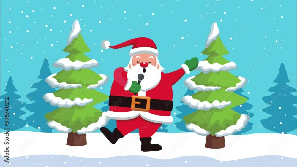 happy merry christmas animation with santa claus and pines trees scene happy merry christmas animation with santa claus and pines trees scene