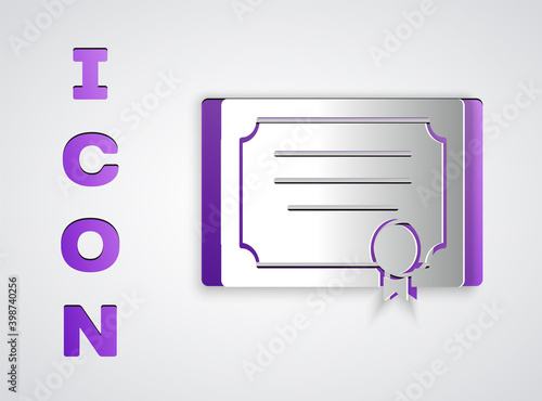 Paper cut Certificate template icon isolated on grey background. Achievement, award, degree, grant, diploma concepts. Paper art style. Vector.