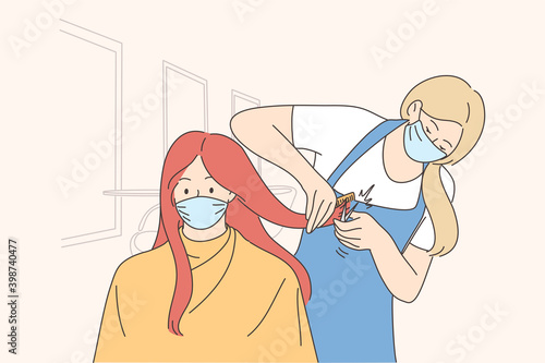 Beauty salon procedures during epidemic of COVID-19 concept. Adult woman cartoon character visiting hairdresser in medical protective mask during coronavirus pandemic vector illustration