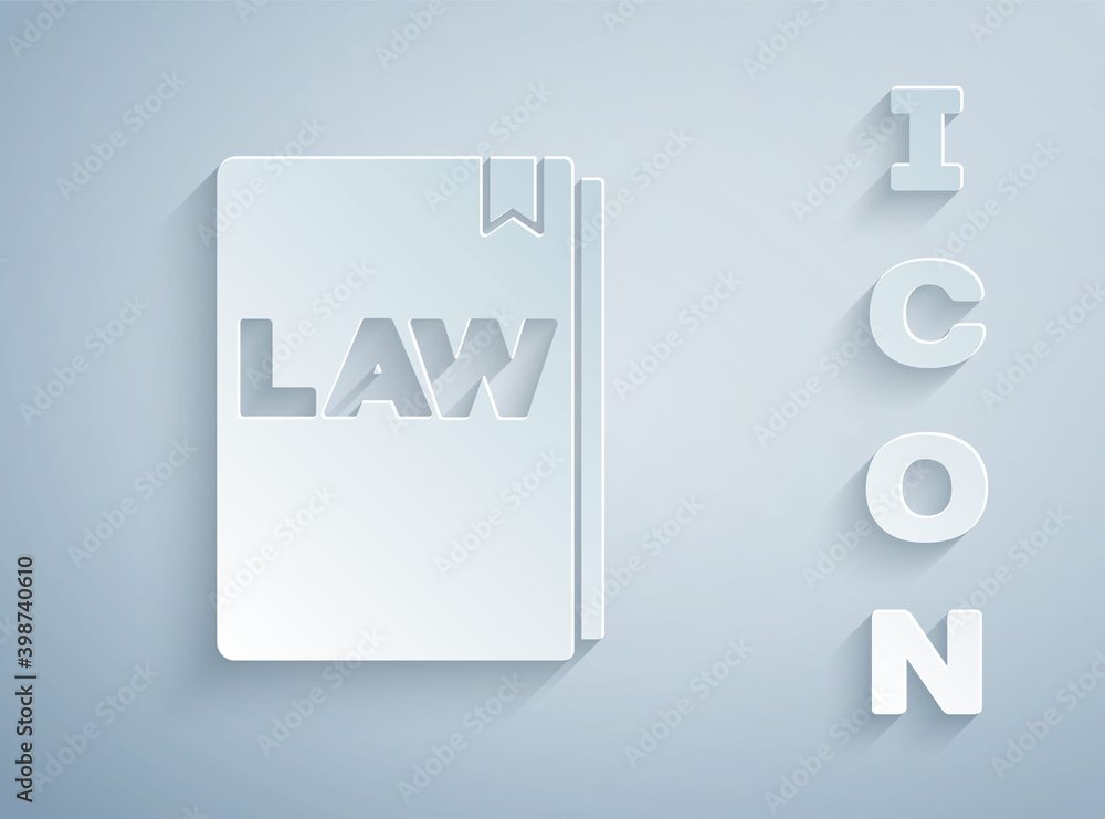 Paper cut Law book icon isolated on grey background. Legal judge book. Judgment concept. Paper art style. Vector. Paper cut Law book icon isolated on grey background. Legal judge book. Judgment concept. Paper art style. Vector.