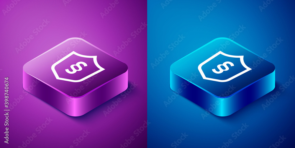 Isometric Justice law in shield icon isolated on blue and purple background. Square button. Vector. Isometric Justice law in shield icon isolated on blue and purple background. Square button. Vector.